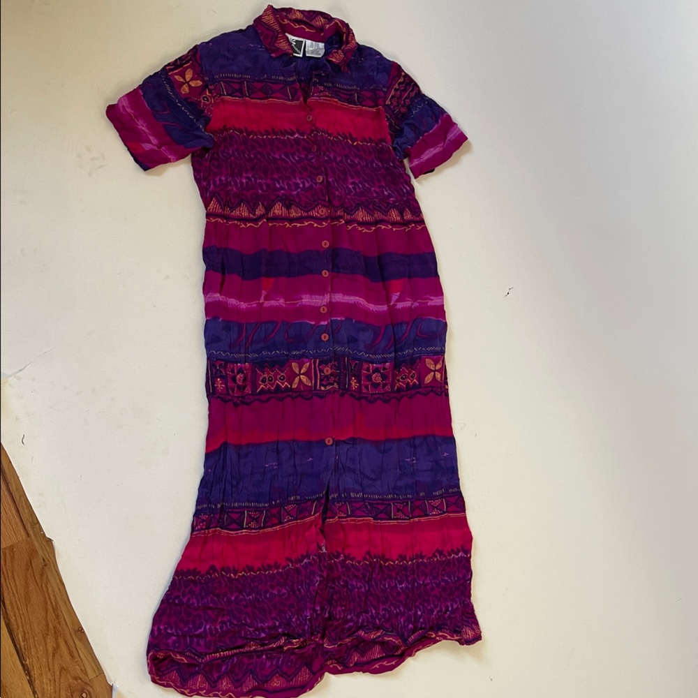 Y2K 90s Phool Magenta Tropical Short Sleeve Floral Maxi Dress size M button down - Picture 1 of 6